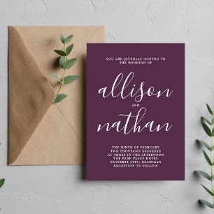 True Simplicity 1 Plum Script Minimalist Wedding Invitation
