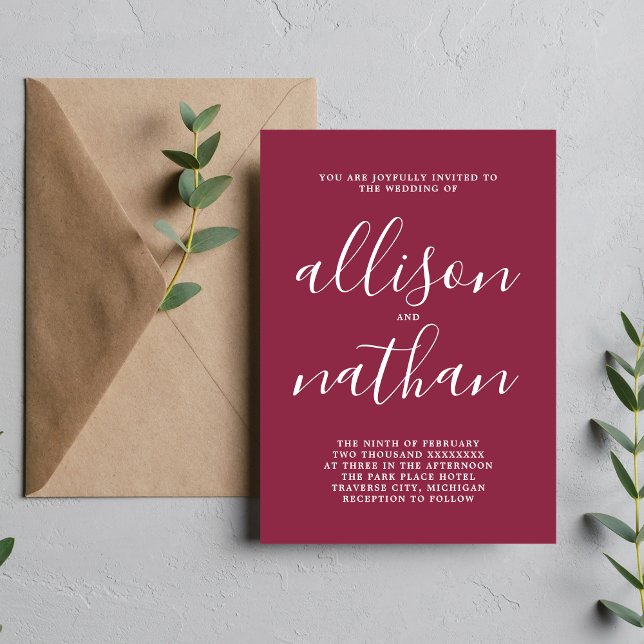 True Simplicity 1 Script Claret Minimalist Wedding Invitation (Creator Uploaded)