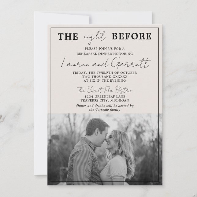 True Simplicity 3 Beige & Black Rehearsal Dinner Invitation (Front)