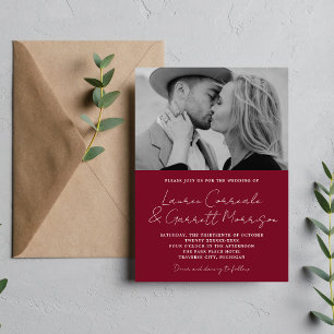True Simplicity 3 Modern Burgundy Photo Wedding Invitation