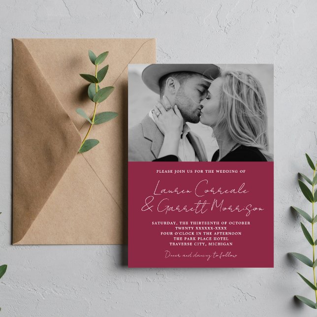 True Simplicity 3 Modern Claret Pink Photo Wedding Invitation (Creator Uploaded)