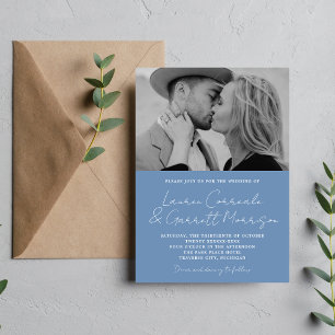 True Simplicity 3 Modern Denim Blue Photo Wedding Invitation