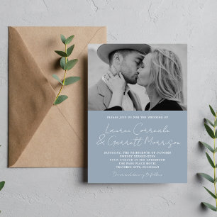 True Simplicity 3 Modern Dusty Blue Photo Wedding Invitation