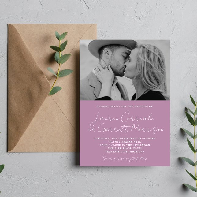 True Simplicity 3 Modern Lavender Photo Wedding Invitation (Creator Uploaded)