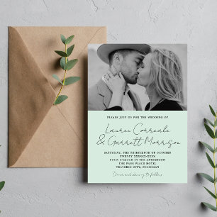 True Simplicity 3 Modern Mint Green Photo Wedding Invitation