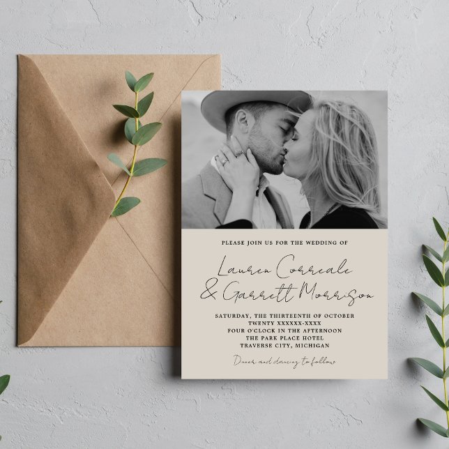 True Simplicity 3 Modern Oyster Photo Wedding Invitation (Creator Uploaded)