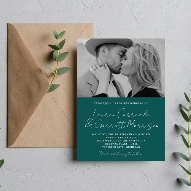True Simplicity 3 Modern Peacock Photo Wedding Invitation (Creator Uploaded)