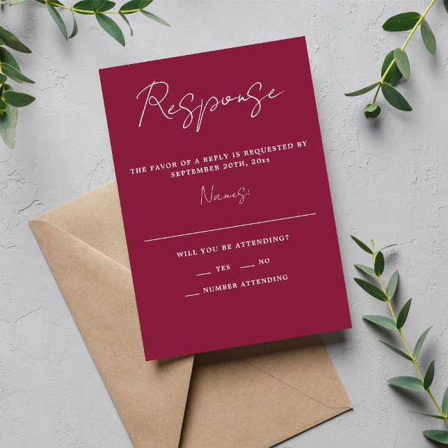 True Simplicity 3 Script Minimal Claret Wedding RSVP Card (Creator Uploaded)