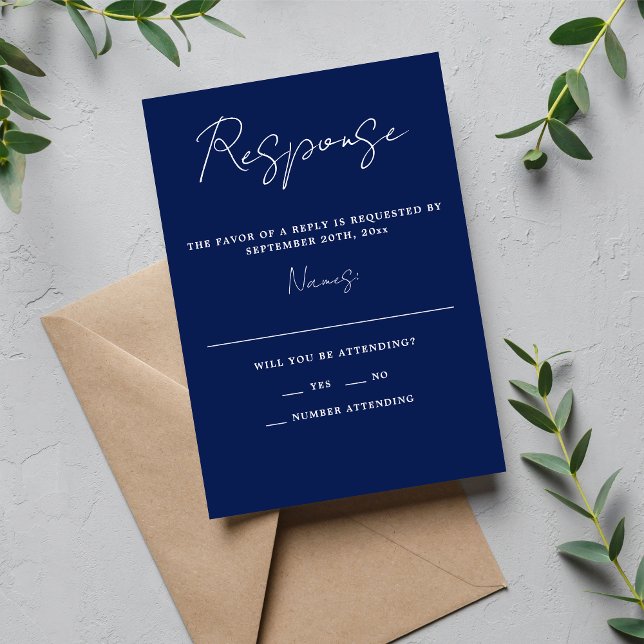 True Simplicity 3 Script Minimal Ink Blue Wedding RSVP Card (Creator Uploaded)