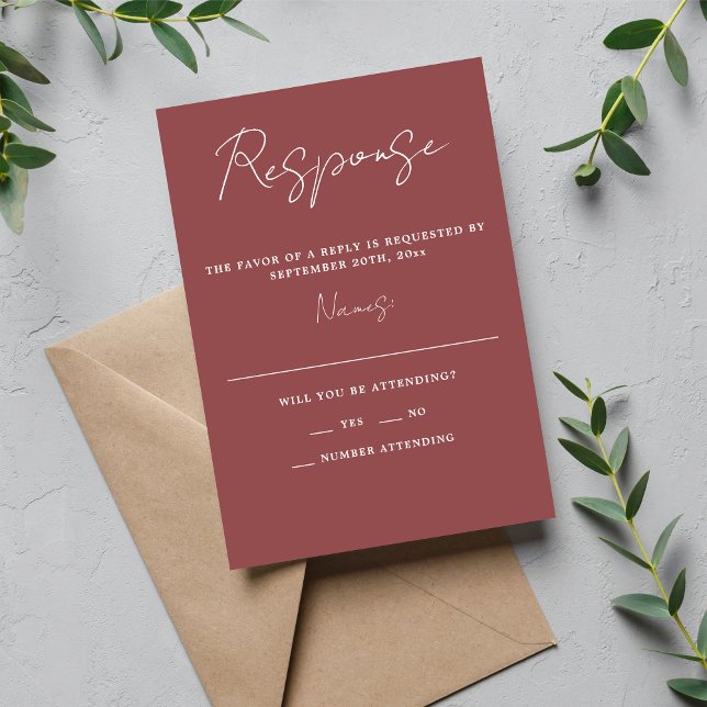 True Simplicity 3 Script Minimal Marsala Wedding RSVP Card (Creator Uploaded)