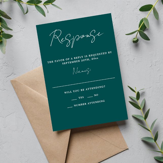 True Simplicity 3 Script Minimal Peacock Wedding RSVP Card (Creator Uploaded)