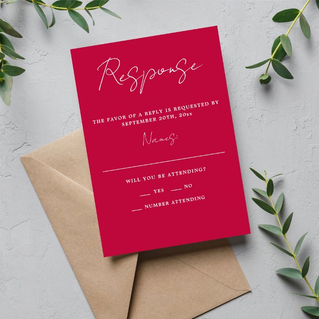 True Simplicity 3 Script Minimal Raspberry Wedding RSVP Card (Creator Uploaded)