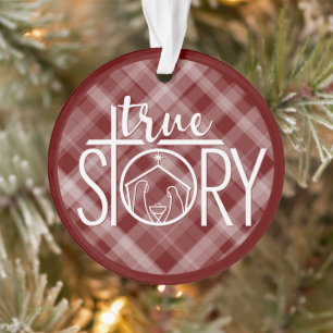 True Story Nativity Jesus Manger Stable Red Plaid Ornament