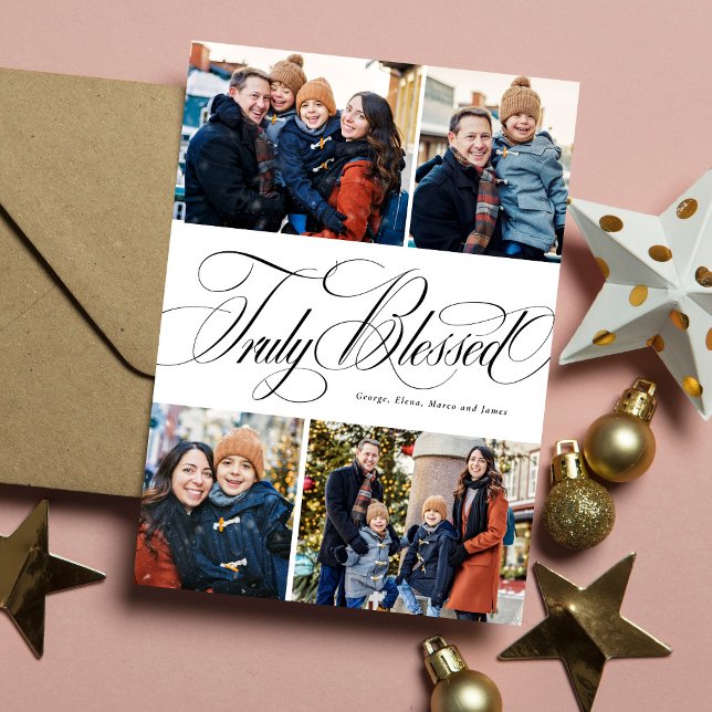 Truly blessed 4 photo elegant religious Christmas Holiday Card (Creator Uploaded)