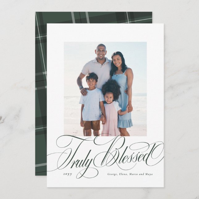 Truly blessed green religious Christmas photo Holiday Card (Front/Back)