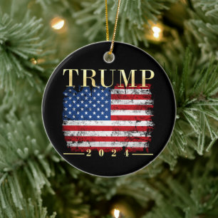 Trump 2024 Elegant Gold Vintage American Flag Ceramic Ornament