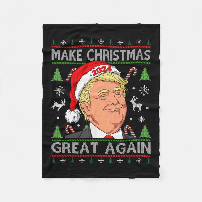 Trump 2024 Make Christmas Great Again Ugly Sweater Fleece Blanket (Front)