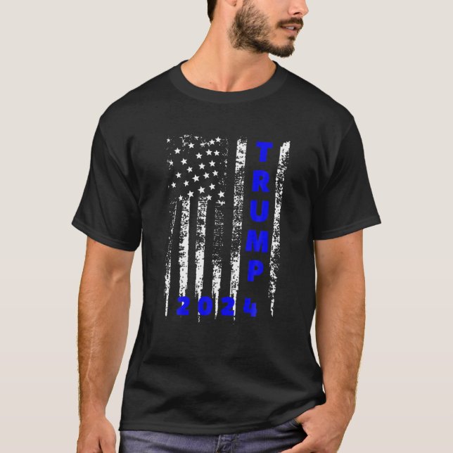 Trump 2024 Police Line Blue Law Enforcement Americ T-Shirt (Front)