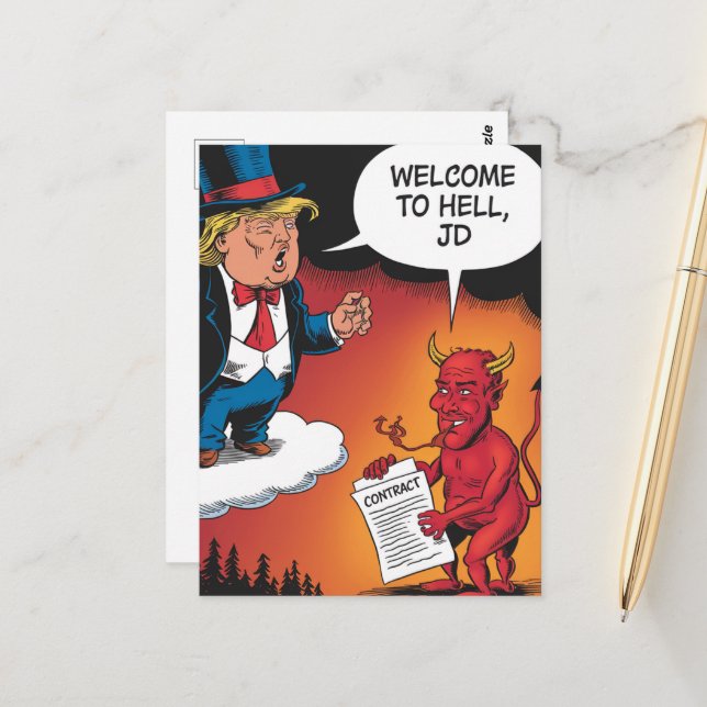 Trump and Devil Cartoon Welcome to Hell JD Postcard (Front/Back In Situ)