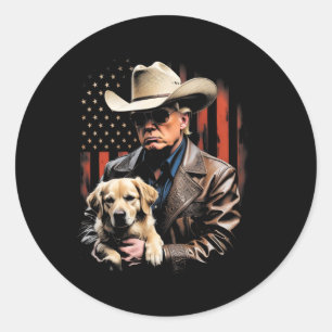 Trump And Golden Retriever Dog, American Flag Funn Classic Round Sticker