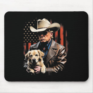 Trump And Golden Retriever Dog, American Flag Funn Mouse Pad