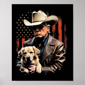 Trump And Golden Retriever Dog, American Flag Funn Poster