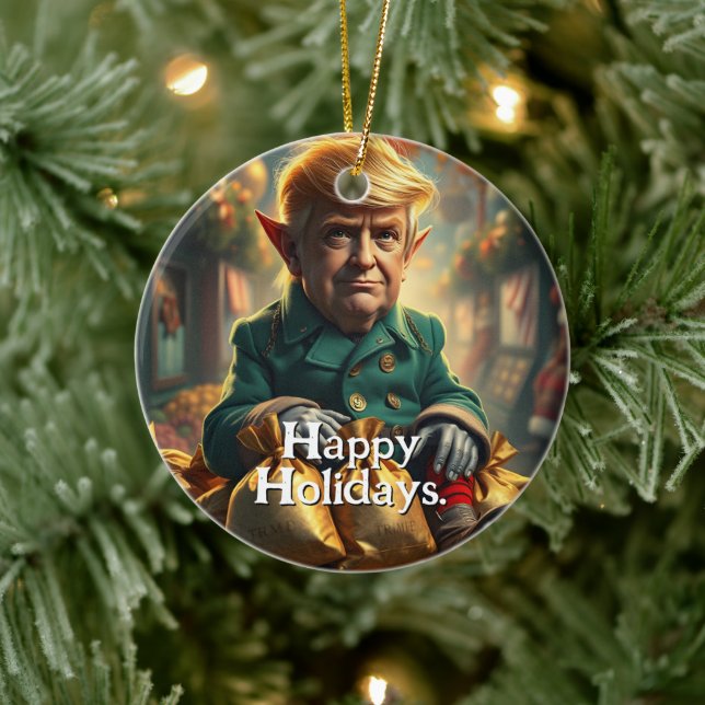 Trump As a Cheery Christmas Elf Ceramic Ornament (Tree)