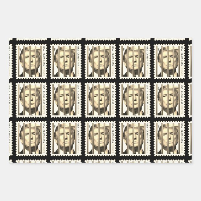 Trump Behind Golden Prison Bars Stamp Design Wrapping Paper Sheet (Front)
