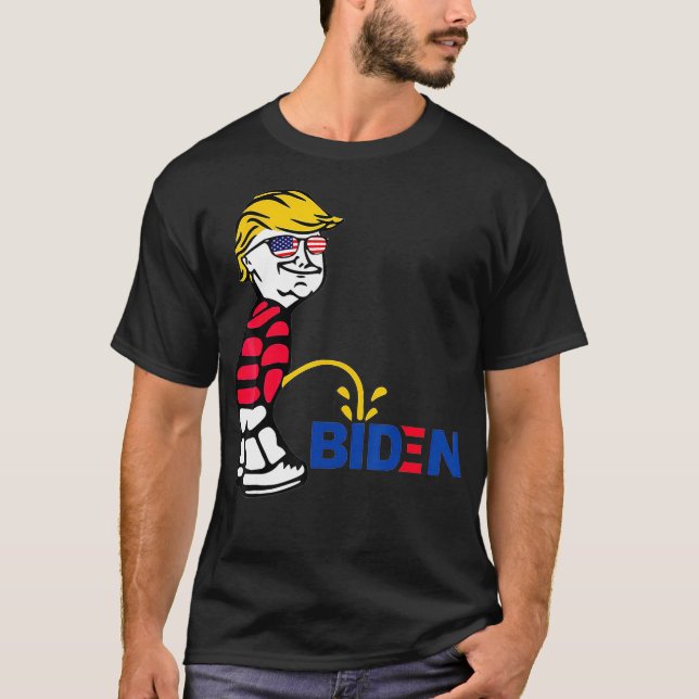 Trump Flag Sunglasses Peeing Pissing Pee On Biden, T-Shirt (Front)