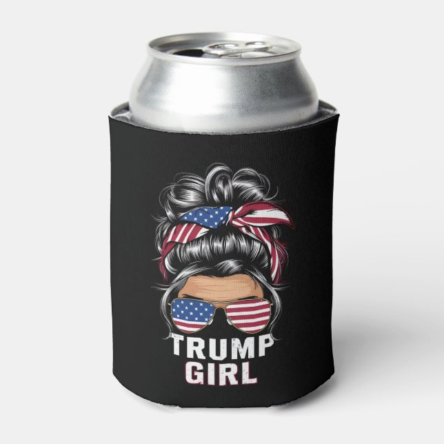 Trump Girl Messy Bun USA Flag Trump 2024 Election Can Cooler (Can Front)