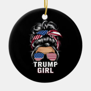 Trump Girl Messy Bun USA Flag Trump 2024 Election Ceramic Ornament