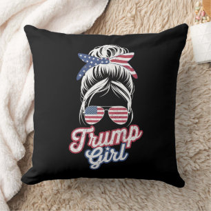 Trump Girl Messy Bun Vintage USA American Flag Cushion