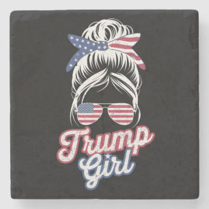 Trump Girl Messy Bun Vintage USA American Flag Stone Coaster