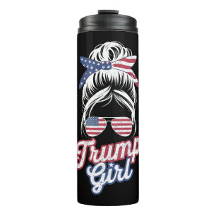 Trump Girl Messy Bun Vintage USA American Flag Thermal Tumbler
