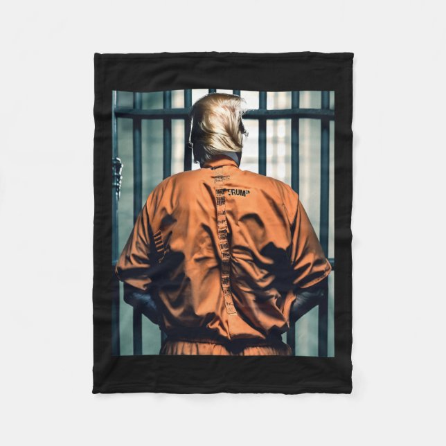Trump In Jail Orange Jumpsuit Hand Cuffed Guilty  Fleece Blanket (Front)