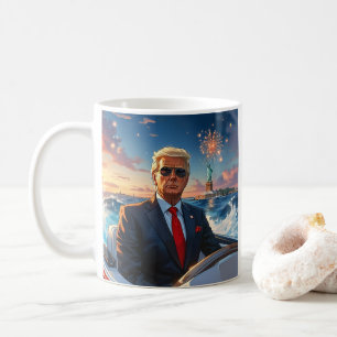 Trump in Speedboat Statue of Liberty Fireworks Coffee Mug