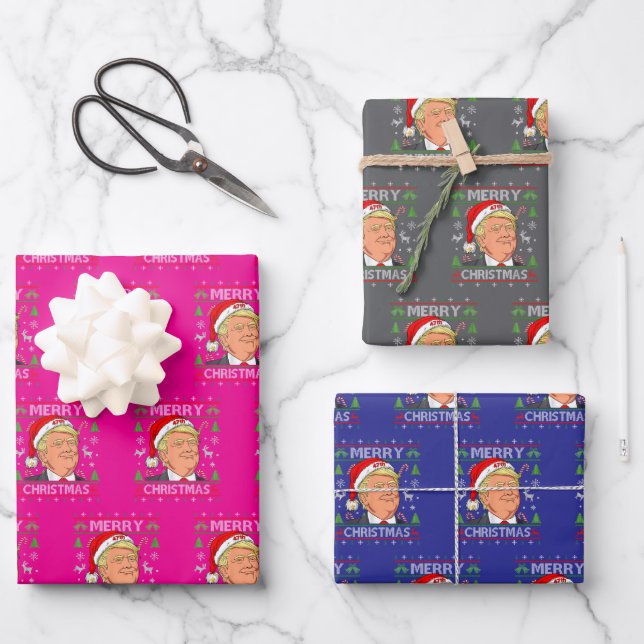 Trump Merry Christmas Ugly Xmas Gift Wrapping Paper Sheet (Front)