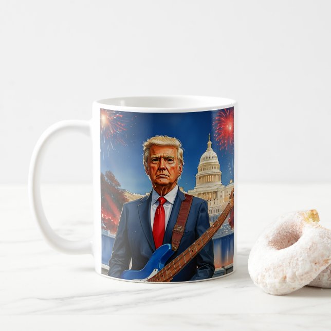 Trump Playing Electric Bass US Capitol Fireworks Coffee Mug (With Donut)