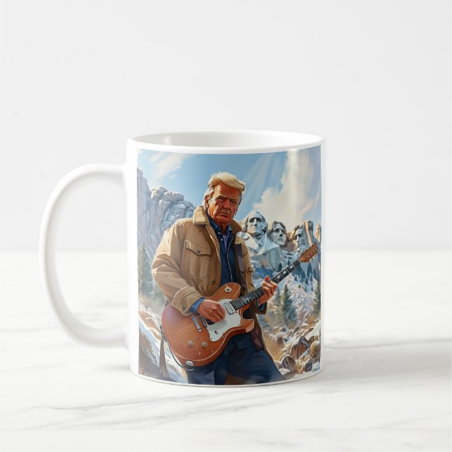 Trump Playing Electric Guitar Mount Rushmore MAGA Coffee Mug (Left)