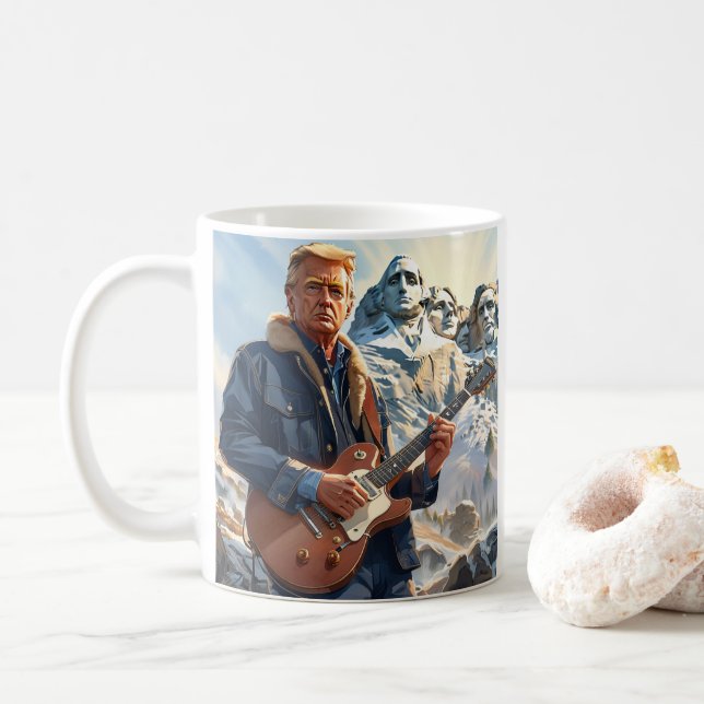 Trump Playing Electric Guitar Mount Rushmore MAGA Coffee Mug (With Donut)