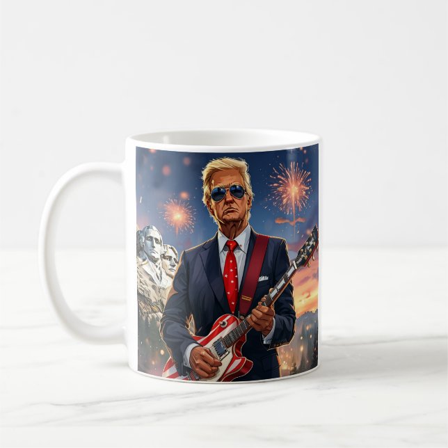 Trump Playing Electric Guitar Mount Rushmore MAGA Coffee Mug (Left)