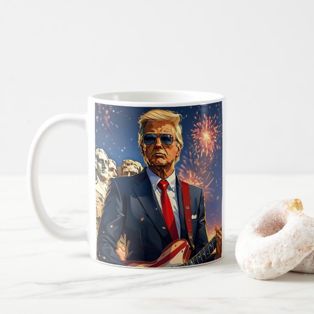 Trump Playing Electric Guitar Mount Rushmore MAGA Coffee Mug (With Donut)
