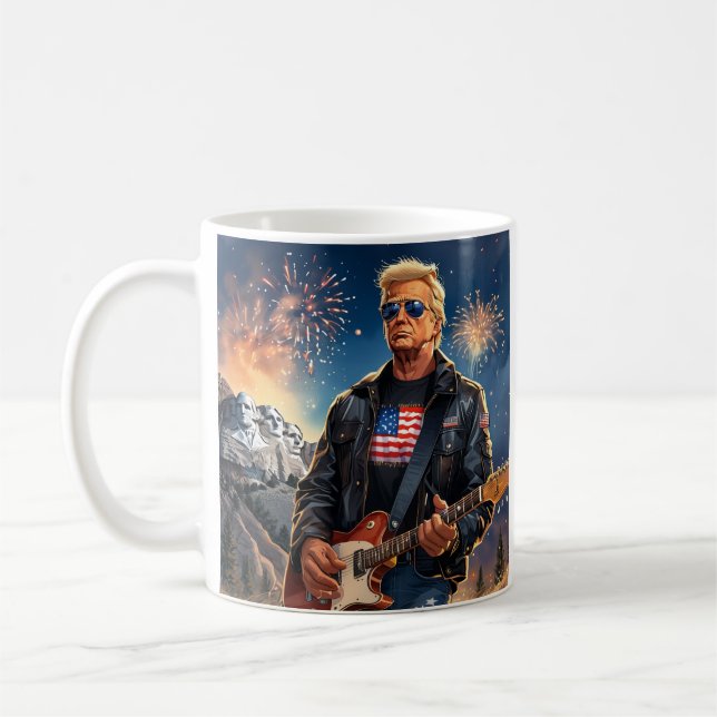 Trump Playing Electric Guitar Mount Rushmore MAGA Coffee Mug (Left)