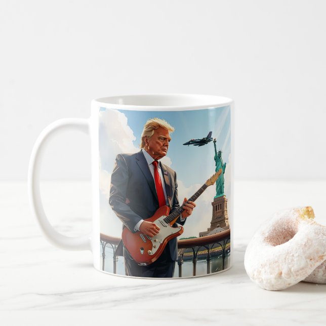 Trump Playing Electric Guitar Statue Liberty Flag Coffee Mug (With Donut)
