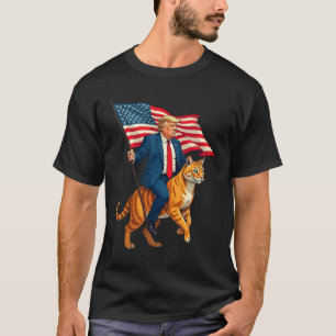 Trump Riding A Cat Holding American Usa Flag T-Shirt