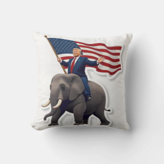 Trump riding an elephant holding the Flag Cushion