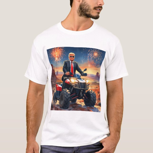 Trump riding ATV in Monument Valley Fireworks USA T-Shirt (Front)