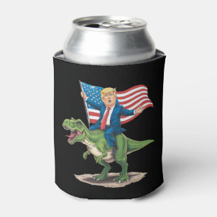 Trump Riding Dinosaur T Rex USA American Flag Can Cooler