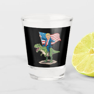 Trump Riding Dinosaur T Rex USA American Flag Shot Glass