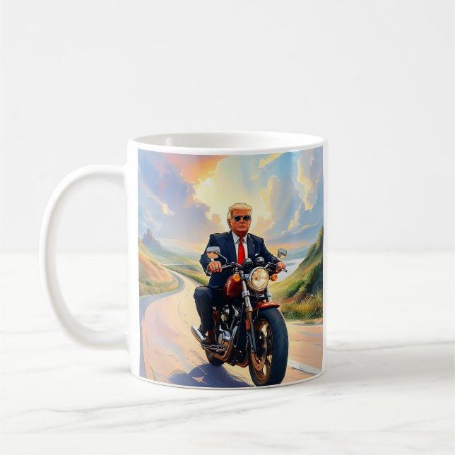 Trump riding Motorcycle Beautiful Road America USA Coffee Mug (Left)